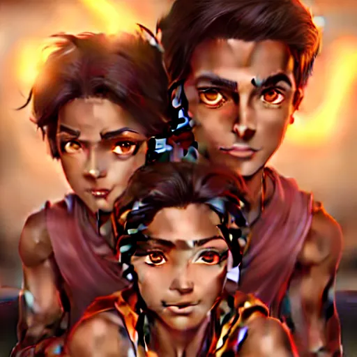 Image similar to realistic portrait of a brown female and three brown male characters summoned from inside a book like genies, aesthetic!!, trending on artstation, detailed digital art