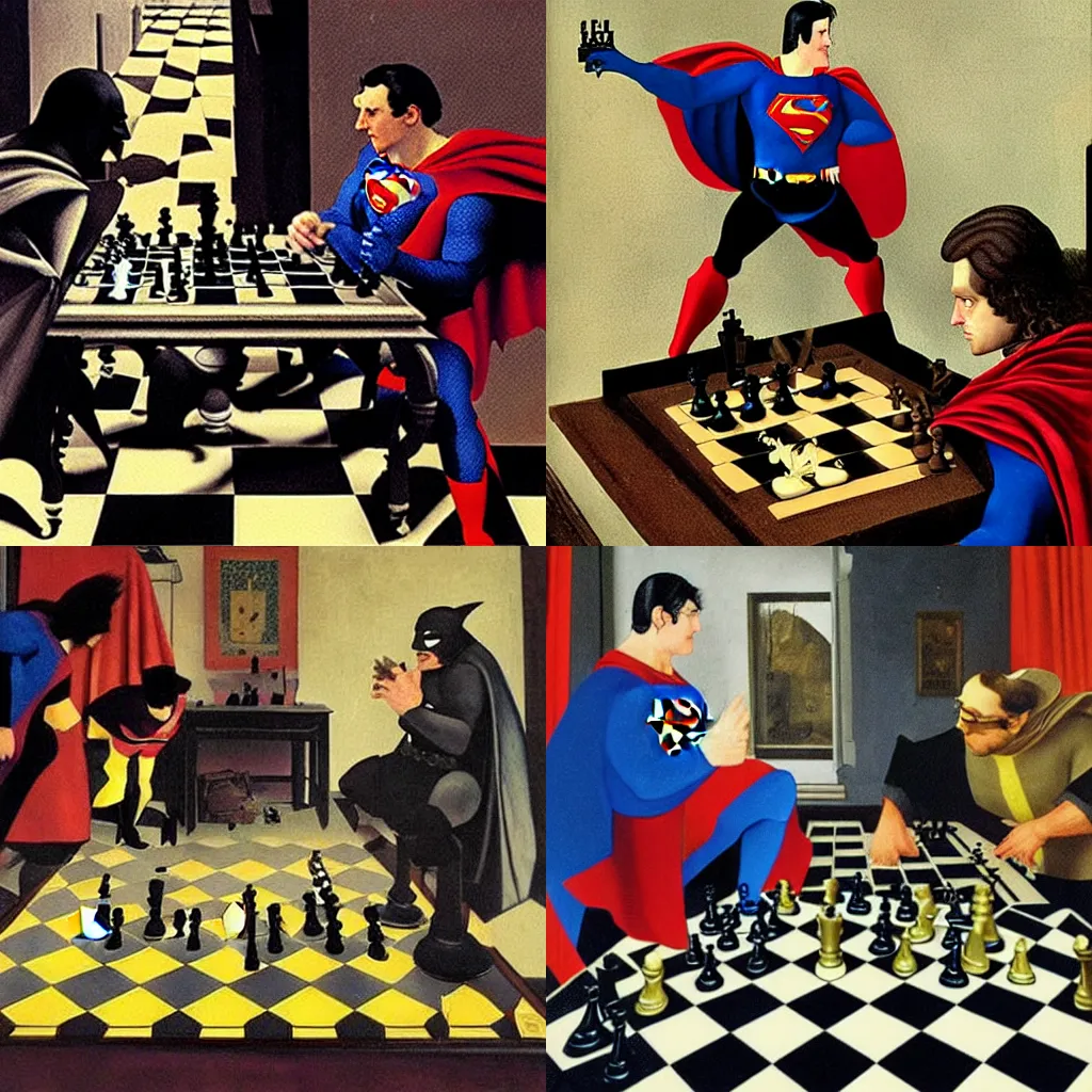 Prompt: Batman and Superman play chess, painting by Johannes Vermeer