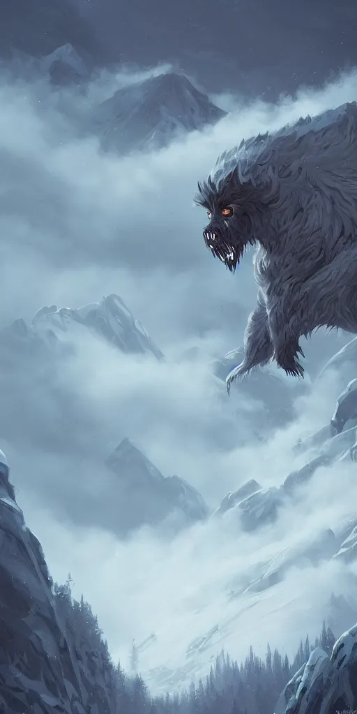 Image similar to a giant hairy and terrifying cryptid monster lurking halfway up a snowy mountain in the style of Sylvain Sarrailh, wispy magical smoke, beautiful digital art, cinematic composition, detailed, concept art, Matt painting, oil painting, high res