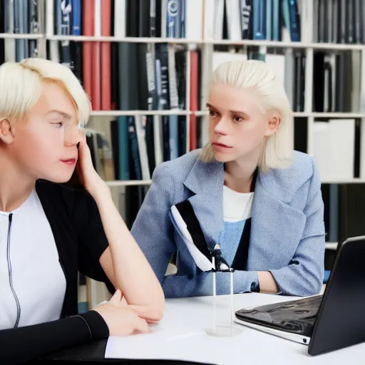 Image similar to 19-year-old Aristocratic platinum-blonde-haired hime-cut blue-eyed French empress wearing white leggings and black jacket, sitting in office, chatting with female communist officer, futuristic gadgets, HD photograph