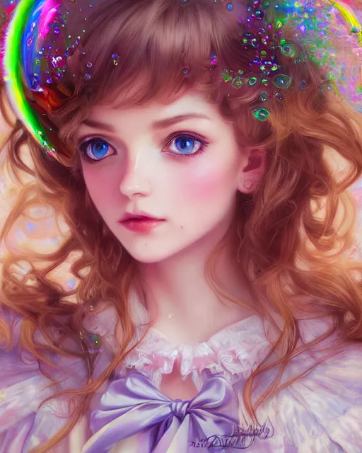 Image similar to portrait of magical lolita girl, dreamy and ethereal, expressive pose, big blue eyes, exciting expression, fantasy, intricate, elegant, many rainbow bubbles, rose tones, highly detailed, digital painting, artstation, concept art, cyberpunk wearing, smooth, sharp focus, illustration, art by artgerm and greg rutkowskiand alphonse mucha