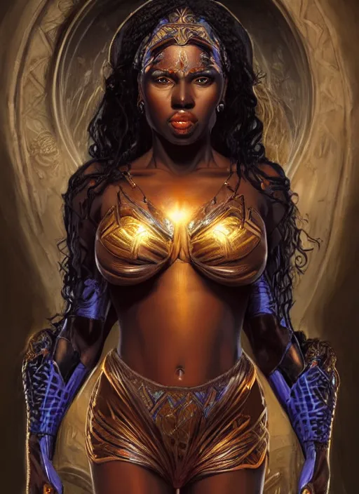 Image similar to a highly detailed symmetrical full body painting of a dark skinned female amazon sorceress with piercing beautiful eyes in dark tomb setting, dynamic lighting, ambient lighting, deviantart, art by artgerm and karol bak and mark brooks