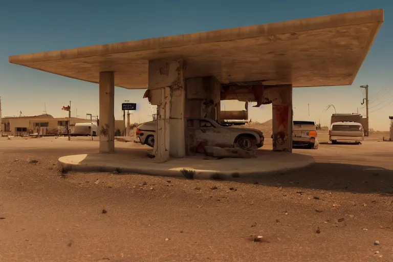 Prompt: an abandoned gas station in the desert, huge rusty sign in the foreground and a planet like Saturn with dust rings in the background, sunny day, wind and dust, low angle, 4k, ultra details, cinematic, epic style, beautiful photo, hyper realistic, octane render, unreal engine, award winning, on artstation, volumetric lightning, masterpiece, golden hour,