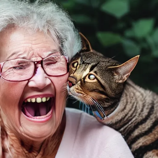 Prompt: an old woman opening her mouth wide and a cat jumping into it