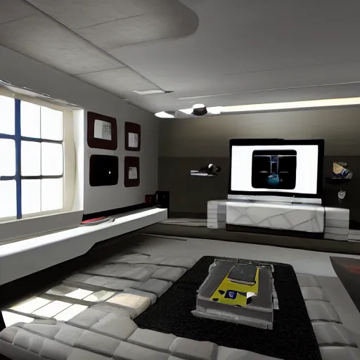 Prompt: Portal 2 style living room, futuristic