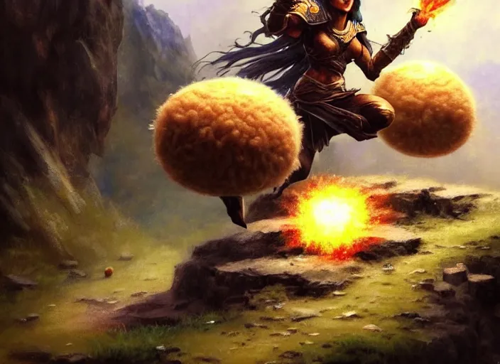 Image similar to magic : the gathering fantasy character concept art of cute riceballs bouncing down a mountain path, by franz frazetta, high resolution. rice granules scattered all around, fantasy coloring, intricate, digital painting, artstation, smooth, sharp focus