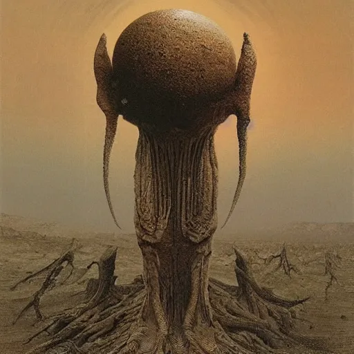 Image similar to an alien animal on a desolate planet, by Beksinski and h.r Giger