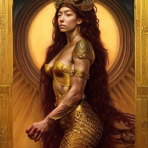 Image similar to highly detailed portrait of a majestic lioness queen in the form of a beautiful woman. d & d, art by donato giancola and evelyn de morgan and eugene delacroix and fenghua zhong. trending on artstation, intricate details, energetic composition, golden ratio, concept art, illustration, elegant art, global illuminaition