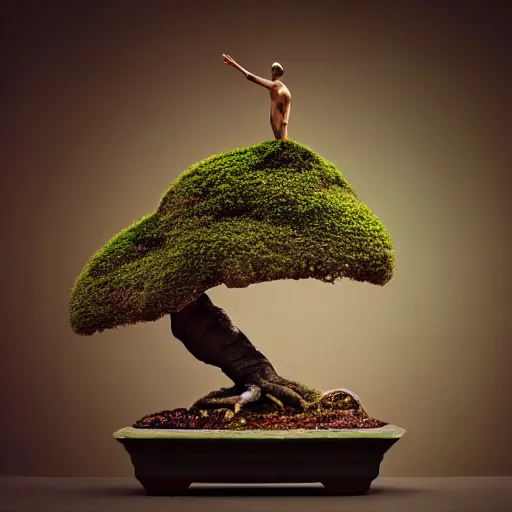 Image similar to A picture of a planet of various flowers, fungus and plants, Bonsai , in which the human figure is dressed in something magical and impressive, inside the picture is infinity, muted light, BotanicalAtmospheric phenomenon, artistic photography, muted colors, conceptual, Kodachrome