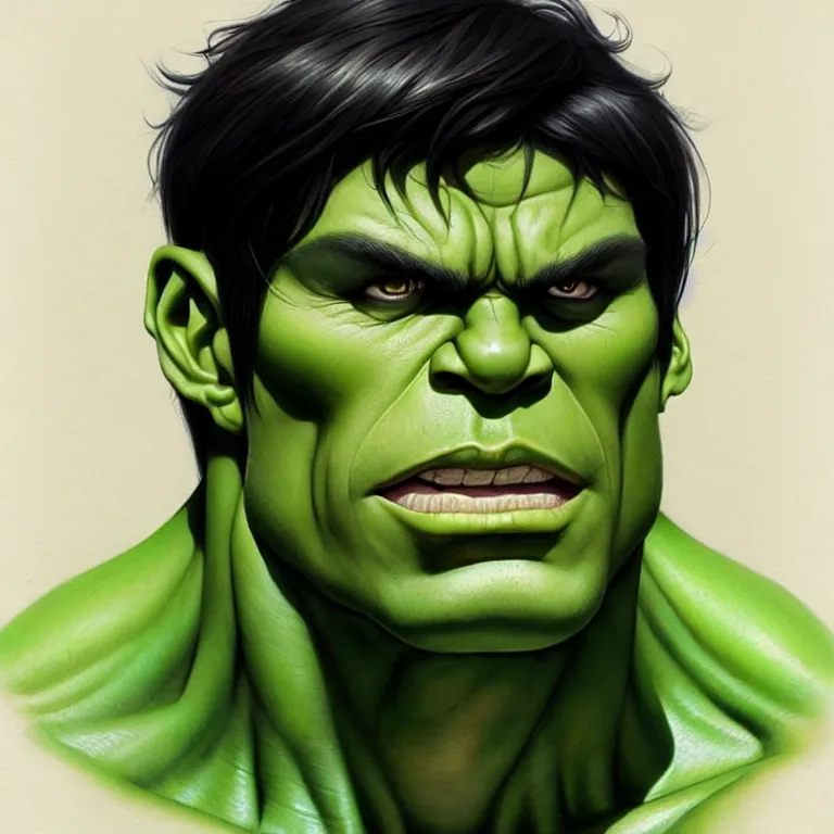 Prompt: portrait of gender neutral hulk, black hair, green eyes, elegant, real life skin, intricate artwork, high detailed, artstation, concept art, smooth, sharp focus, art by artgerm and greg rutkowski @ ruprechy