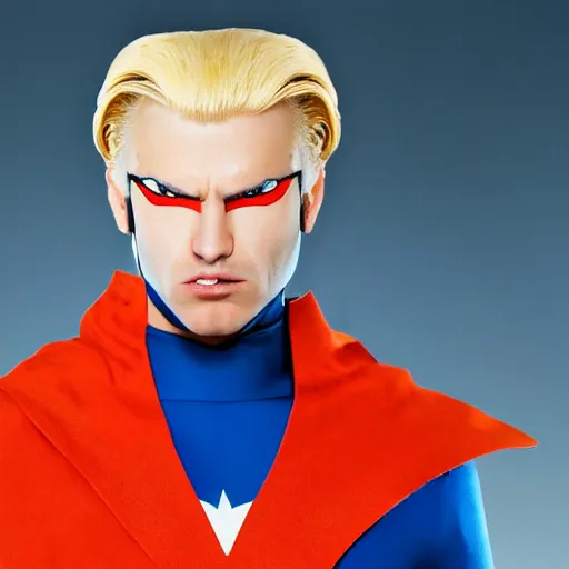 Prompt: portrait of a evil blonde superhero two sides hair and thin face lines, his cape is the american flag, he is angry, his costume is blue with yellow eagles head on the shoulders, 8 k, hyper realistic, movie imax shot, film, cinematography, red