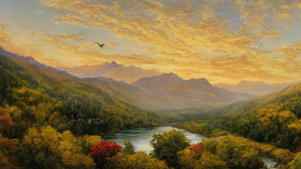 Prompt: The most beautiful panoramic landscape, oil painting, where the mountains are towering over the valley below their peaks shrouded in mist, the sun is just peeking over the horizon producing an awesome flare and the sky is ablaze with warm colors, lots of birds and stratus clouds. The river is winding its way through the valley and the trees are starting to turn yellow and red, by Greg Rutkowski, aerial view, naturalism