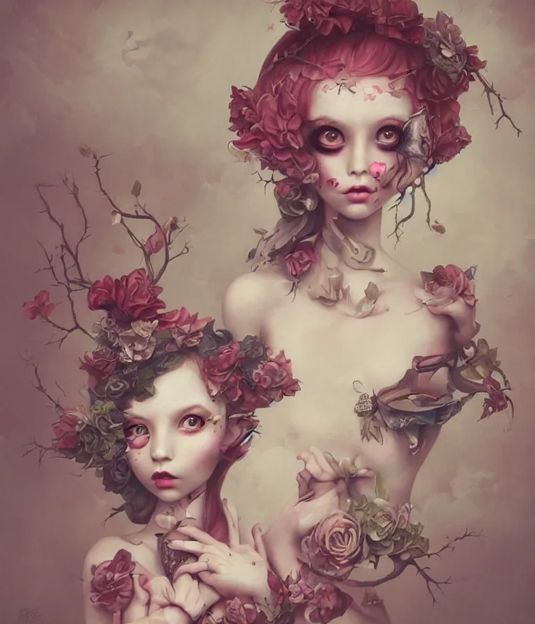 Image similar to pop surrealism, lowbrow art, realistic cute alice girl painting, japanese street fashion, hyper realism, muted colours, rococo, natalie shau, loreta lux, tom bagshaw, mark ryden, trevor brown style