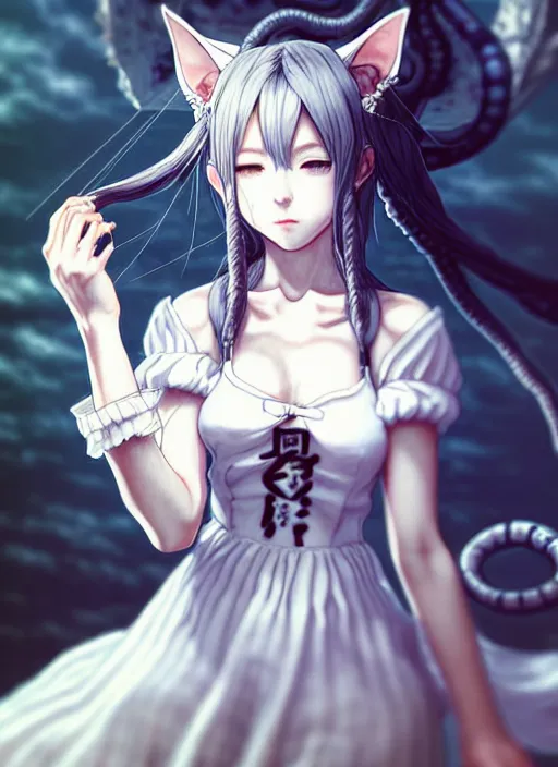 Image similar to a portrait of nekomimi wearing white dress an ultrafine detailed painting, detailed painting, detailed eyes!!, final fantasy octopath traveler lovecraft cosmic realistic hands horror