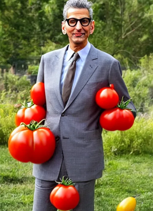 Image similar to jeff goldblum in a tomato outfit