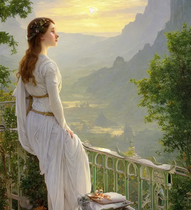 Prompt: intricate oil painting of a young elf woman wearing white and light green, looking out at the sunrise over rivendell from her art nouveau balcony, elegant, digital painting, smooth, sharp focus, illustration, ultra realistic, 8 k, by bouguereau, alphonse mucha, artgerm, and donato giancola