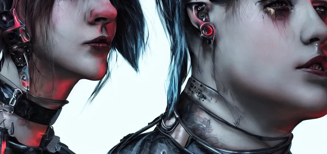 Image similar to detailed realistic female character cyberpunk wearing thick steel collar around neck, realistic, art, beautiful, 4K, collar, choker, collar around neck, punk, artstation, detailed, female, woman, choker, cyberpunk, neon, punk, collar, choker, collar around neck, thick collar, choker around neck, wearing choker, wearing collar,