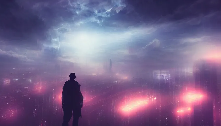 Image similar to man in sky falling through clouds over a dark cyberpunk city, digital art, volumetric lighting, dystopia, artstation, concept art, painting