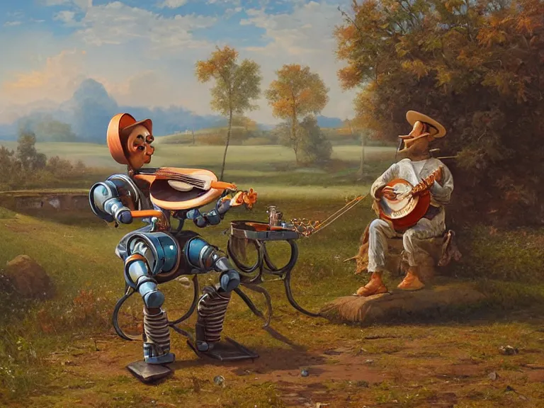 Image similar to painting of a country bumpkin robot playing a banjo, straw in his mouth, style of peter mohrbacher, high detail, hyper realistic, 8 k