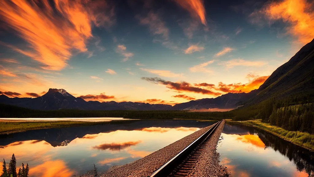 Image similar to amazing landscape photo of a lonely train track over a lake in sunset by marc adamus, beautiful dramatic lighting