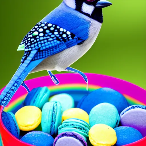 Image similar to A photograph of a (photorealistic blue jay) standing on a large basket of rainbow macarons.