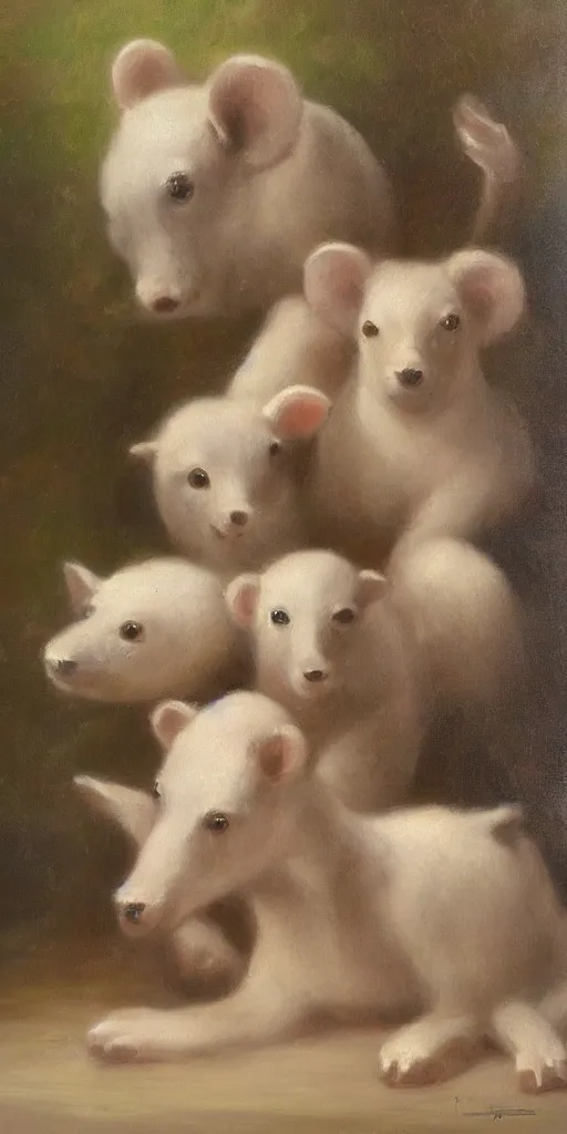 Prompt: Highly detailed and cinematic romantic period oil painting of some very cute plastic animals in pastel colors masterpiece by Josep Tapiró Baró