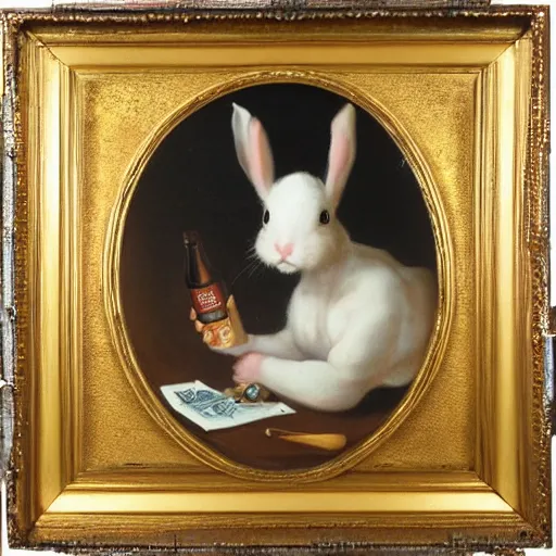 Prompt: oil painting in gilded frame, by george stubbs, tiny baby rabbit with hundreds of empty beer cans and hypodermic needles