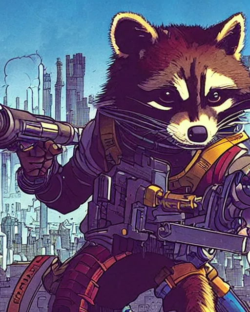 Prompt: a close up portrait of rocket raccoon, weapon on a ready looking determined overlooking a cyberpunk city in the background, full face portrait composition, 2D drawing by Mike Mignola, Yoji Shinkawa, flat colors, chiaroscuro