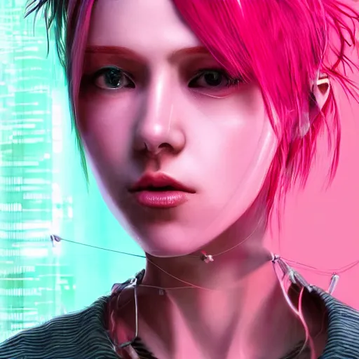 Image similar to a portrait of a woman with pink hair with lots of wires, cyberpunk art by otomo katsuhiro, cgsociety, computer art, circuitry, dystopian art, academic art insanely quality, highly detailed, masterpiece, red light, artstation, 4 k