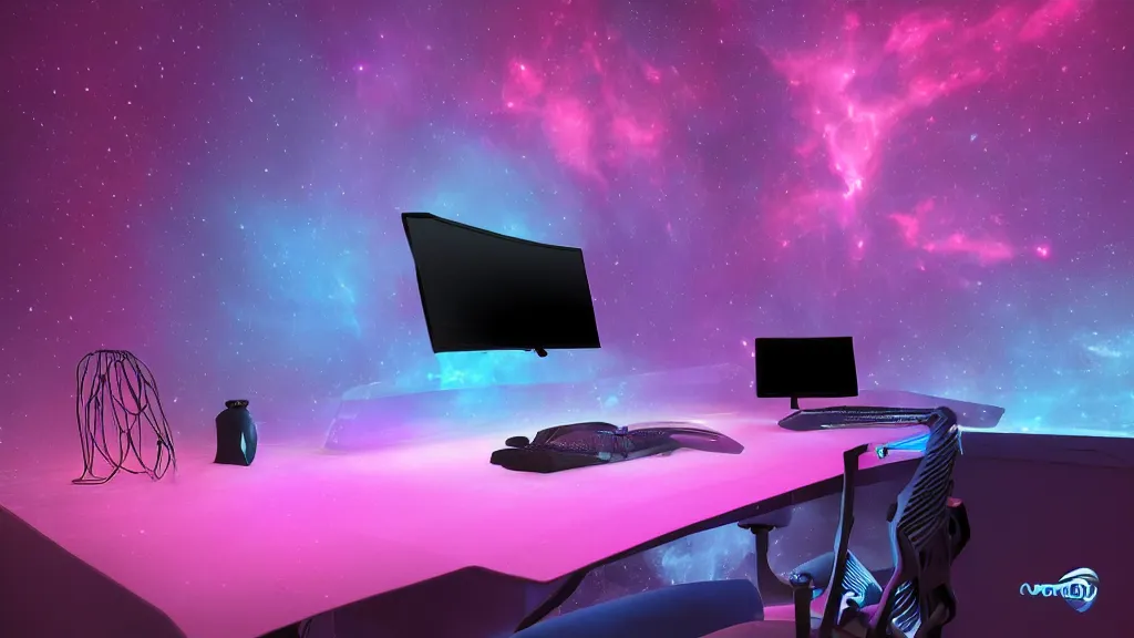 Image similar to a galactic overpowered computer. (cyan, pink, purple, orange) Overclocking, watercooling, custom computer, nebula, mat black metal, alienware, cosmic design, desktop computer, nebula, galactic, space, minimalist desk, minimalist home office, whole room, minimalist, Beautiful dramatic dark moody tones and lighting, orange neon, Ultra realistic details, cinematic atmosphere, studio lighting, shadows, starts lighting, starts, dark background, dimmed lights, industrial architecture, Octane render, realistic 3D, photorealistic rendering, 8K, 4K, Cyborg R.A.T 7, Republic of Gamer, computer setup, highly detailed