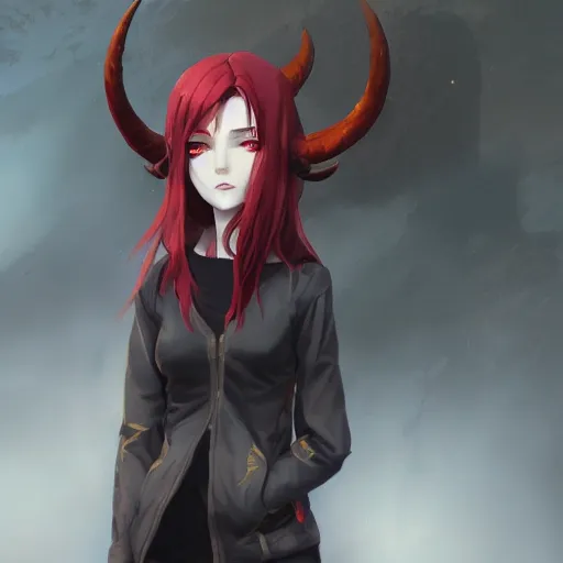 Image similar to a pale redheaded demoness with yellow eyes and horns wearing a jacket, highly detailed, digital painting, artstation, matte, by makoto shinkai, animation style