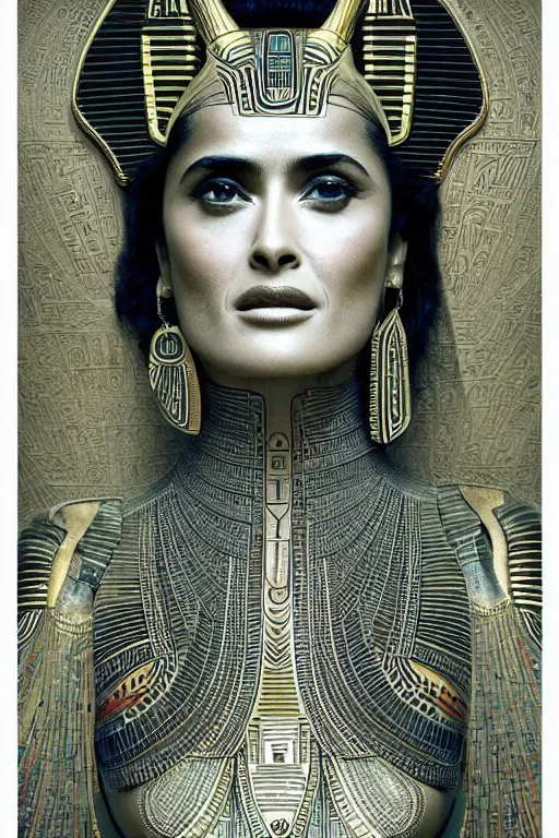 Image similar to Portrait of Salma Hayek as a tomb robot, intricate art deco leaf designs, elegant, highly detailed Egyptian patterns, hieroglyph, sharp focus, art by Artgerm and beeple