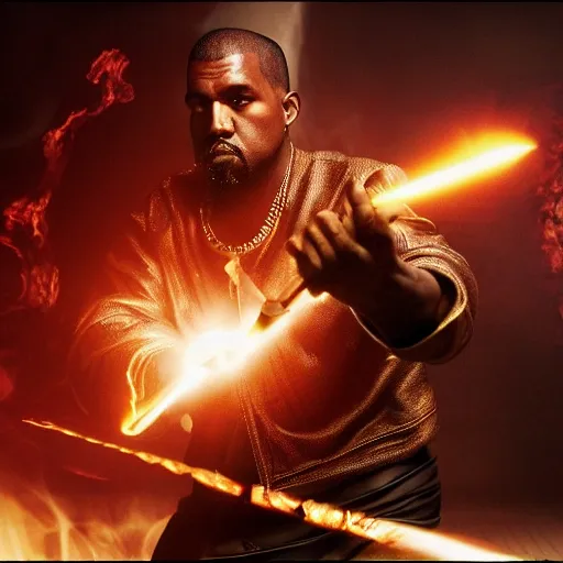 Image similar to kanye west fighting against demons with his golden sword in hell , 8k, hyper realistic, insanely detailed, legendary scene, octane render