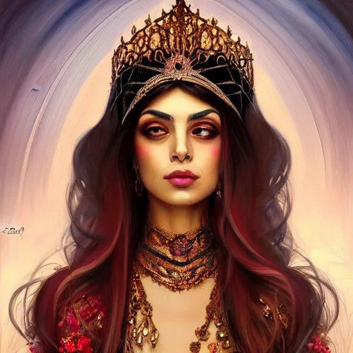 Image similar to Beautiful portrait of a Persian Princess who is an architect, beautiful princess, face painting, beautiful body, attractive, babe, dramatic lighting, intricate, wild, highly detailed, digital painting, artstation, concept art, smooth, sharp focus, illustration, black+velvet+red+Turquoise, dark, art by artgerm and greg rutkowski and alphonse mucha, footage from space camera