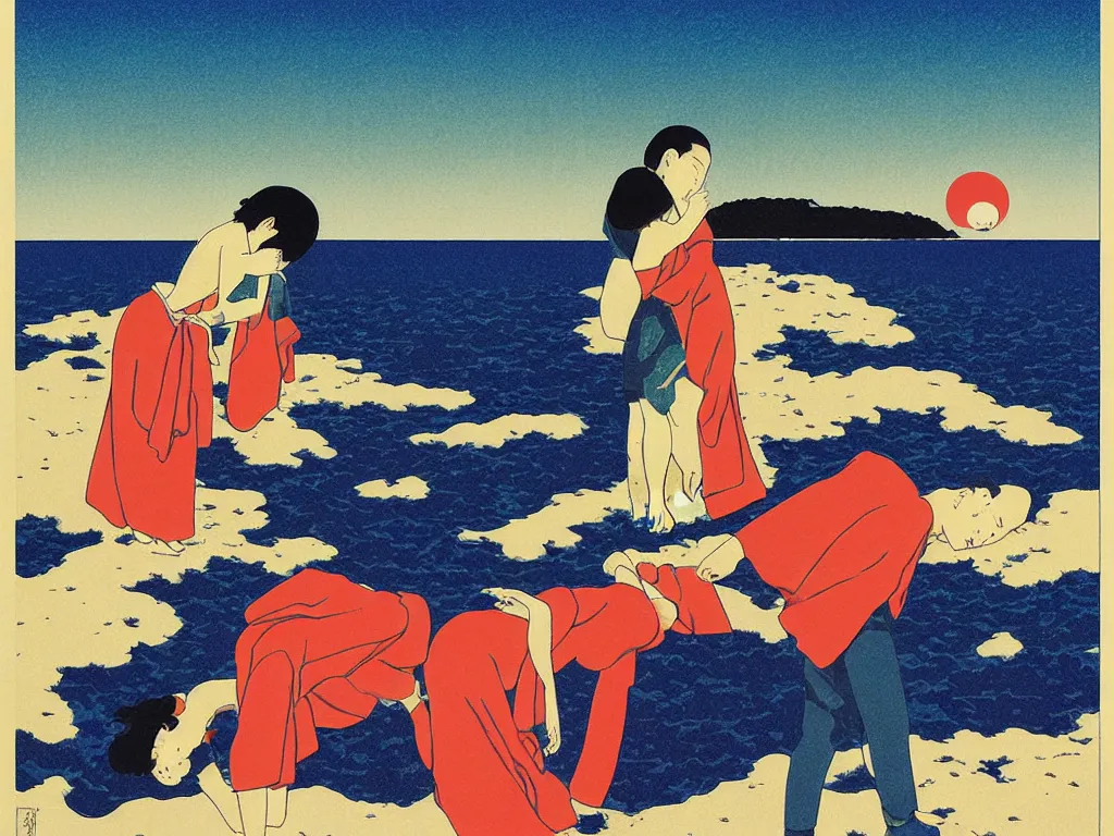 Prompt: Crying uncontrollably by the beach, flat design, screen print by Kawase Hasui, jeffrey smith and Yves Klein