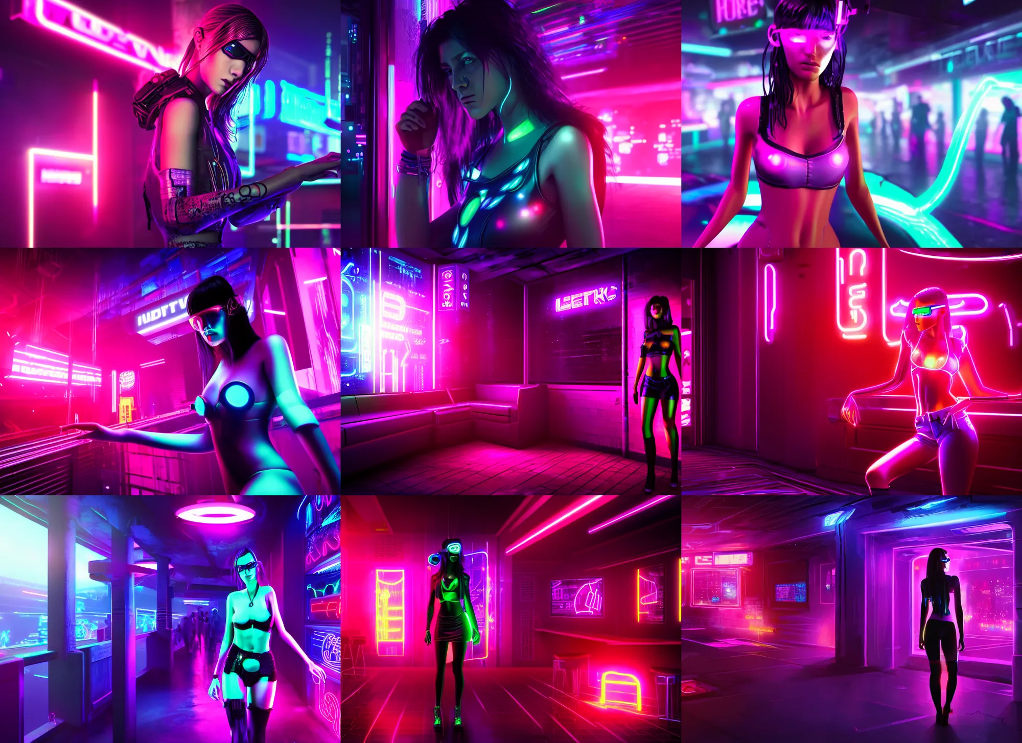Prompt: Cyberpunk girl inside a busy neon nightclub, realistic, highly detailed digital art, 8k Octane