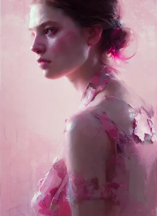 Prompt: portrait of a beautiful girl, shades of pink, beautiful face, rule of thirds, intricate outfit, spotlight, by greg rutkowski, by jeremy mann, digital painting