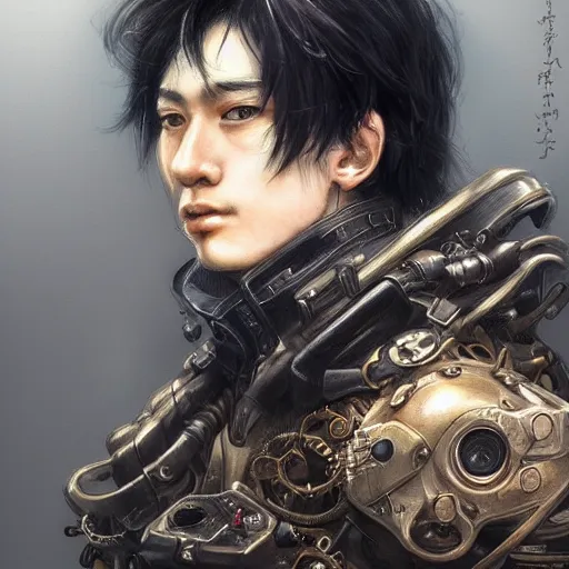 Image similar to portrait of a man by ayami kojima, japanese, he is about 2 0 years old, black short hair with bangs, he is wearing a steampunk tactical gear, highly detailed portrait, digital painting, artstation, concept art, smooth, sharp foccus ilustration, artstation hq