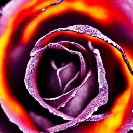 Image similar to award - winning macro of a beautiful black rose made of glowing molten magma