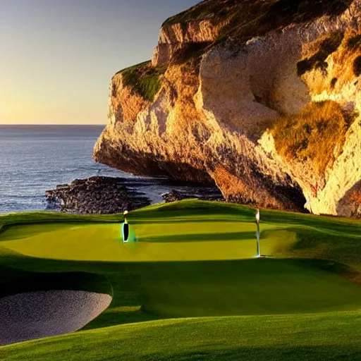 Image similar to a great photo from ground level of the most amazing golf hole in the world, cliffs by the sea, perfect green fairway, ambient light, golden hour