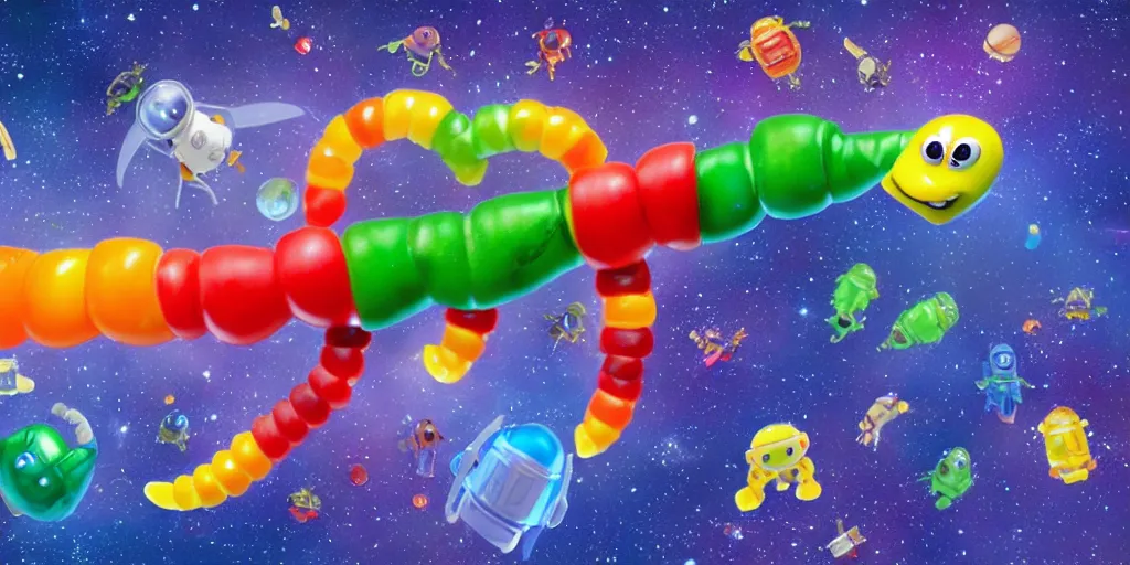 Image similar to a 3 d rendered movie still a gummi worm descendant 1 million years from now. gummi worm wears a spacesuit, and explores cosmos in a super awesome space ship. science fiction blockbuster movie gummi worms rule the world or my stepmom is a gummi worm from space, dramatic lighting, imax 7 0 mm. buzz lightyear