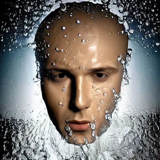 Prompt: icon of a realistic human head made out of water, water art manipulation, dark background