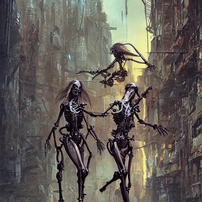 Prompt: cyberpunk skeleton women, flowing, aerodynamic, fast, flat art, digital art, hd, by james gurney, by bruce pennington