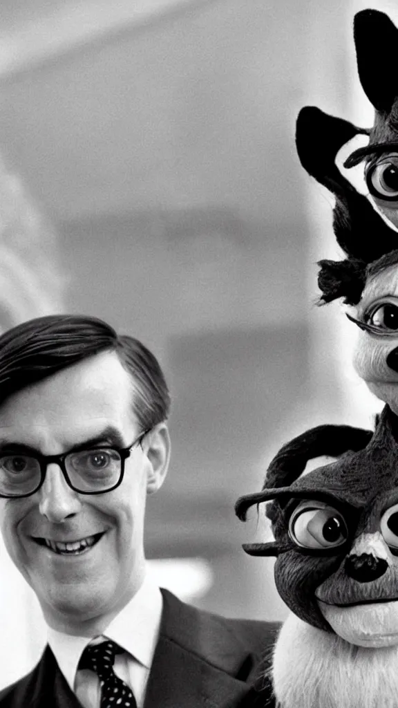 Image similar to jacob rees - mogg with mogwai from the film gremlins