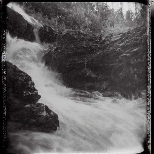 Image similar to a deep dark vertical shaft with rushing water, creepy, eerie, unsettling, terrifying, jagged rocks, dark, old polaroid, expired film,