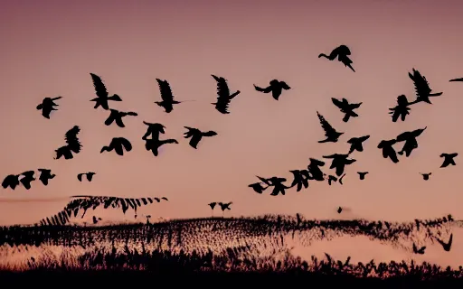 Prompt: sky full of crows, canon eos r 3, f / 1. 4, iso 2 0 0, 1 / 1 6 0 s, 8 k, raw, unedited, symmetrical balance, in - frame,