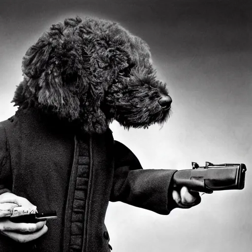 Image similar to realistic historical photography taken during war of a black fluffy dog holding a gun in the right hand wearing a plastic trench coat black and white grain