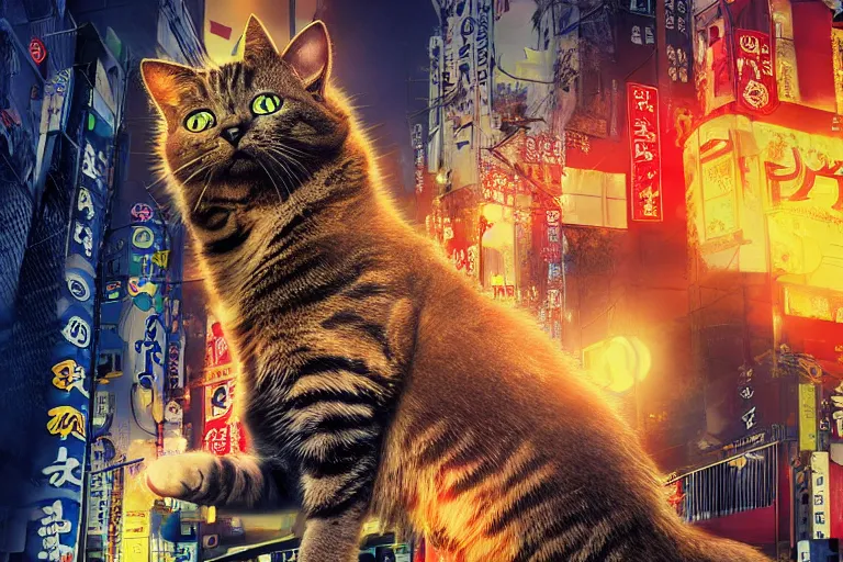 Image similar to cat attacking Tokyo, disaster movie poster, masterpiece, masterwork, cgstudio