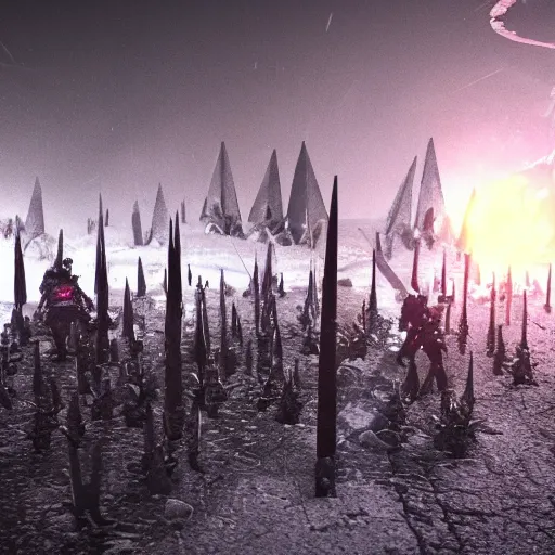 Prompt: ice spikes are summoned from the ground by magic, a group of knights in plate - armor gets impaled by bloody spikes, death on the spot, gloomy lights in the sky, octane render, unreal engine