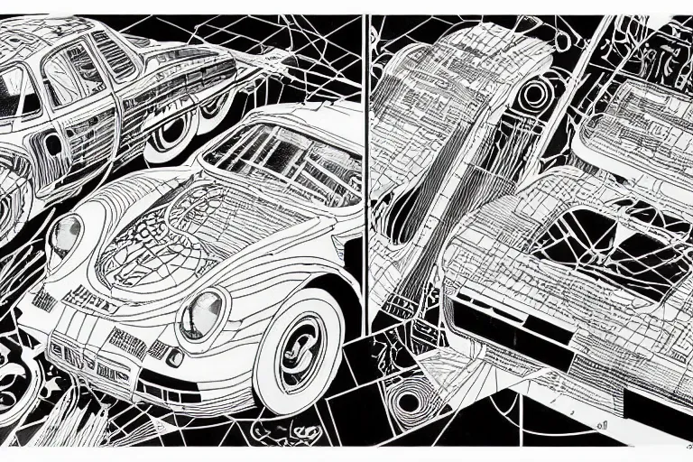 Image similar to a black and white drawing of a porsche 9 5 9 deconstructed schematic, a detailed mixed media collage by hiroki tsukuda and eduardo paolozzi and moebius, intricate linework, sketchbook psychedelic doodle comic drawing, geometric, street art, polycount, deconstructivism, matte drawing, academic art, constructivism